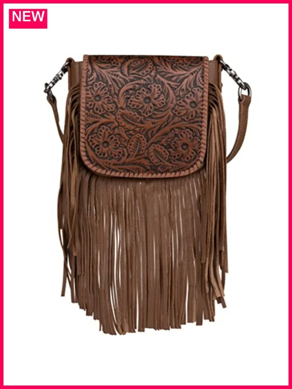 Genuine Leather Fringe Crossbody Purse with Floral Tooled Pattern